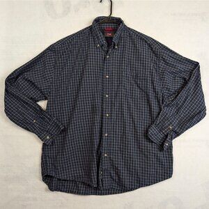 Wrangler Men's Wrinkle-Resist Button-Down Shirt XL Navy Blue Plaid Long Sleeve